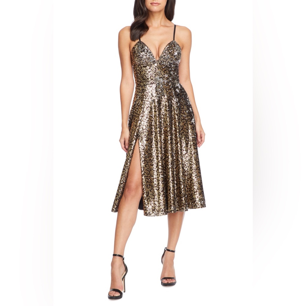 Dress the Population Gold Sequin Midi Dress